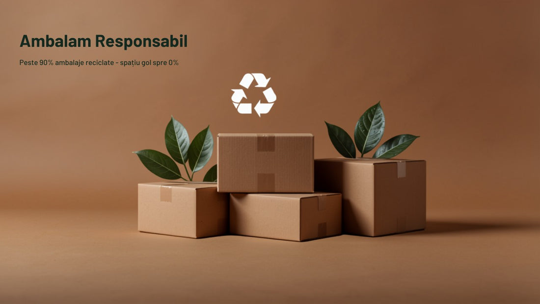Ambalare responsabilă s-shop.ro – cutii din carton reciclat și frunze verzi, peste 90% ambalaje reciclate și spațiu gol spre 0%