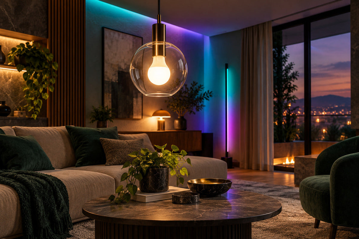 Bec smart și iluminat ambiental într-un living contemporan