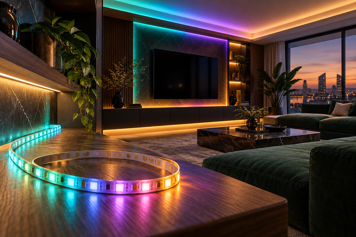 Bandă LED RGB într-un living modern cu iluminat ambiental