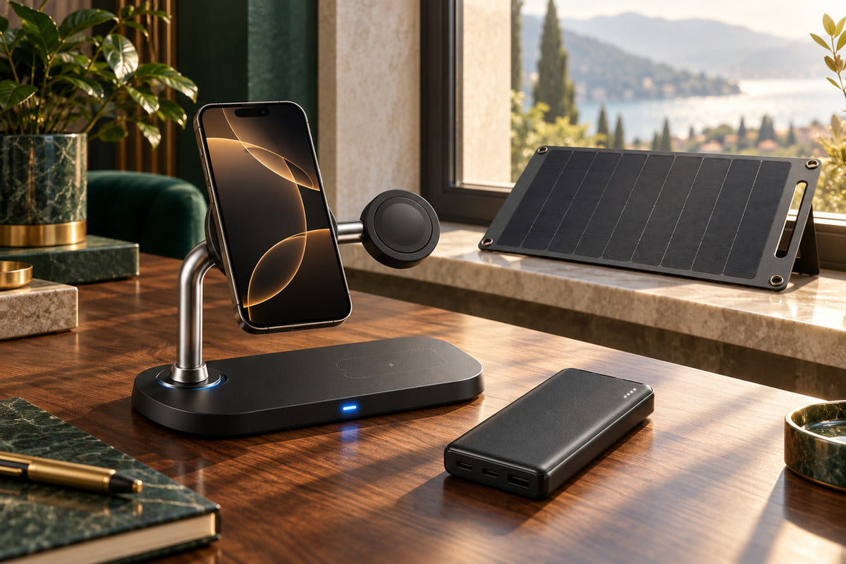 Stație de încărcare wireless, baterie externă și panou solar portabil