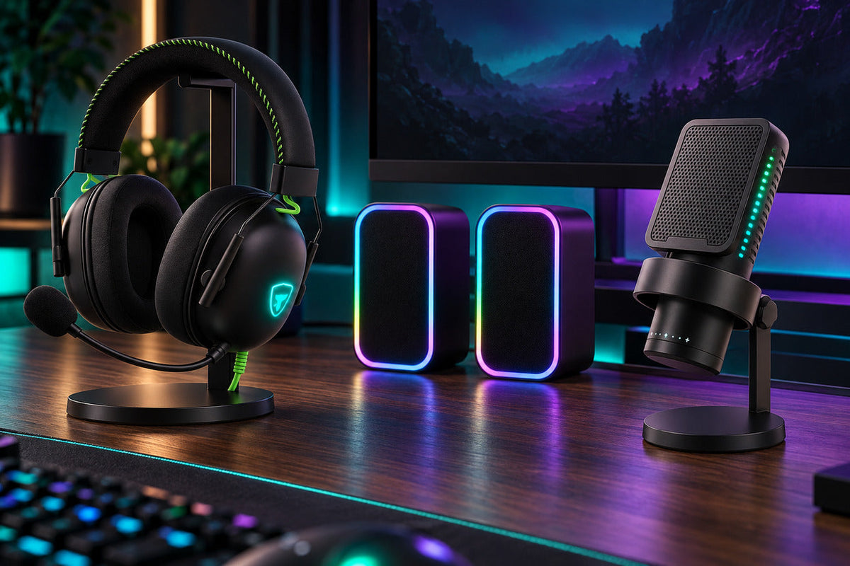 Căști gaming, boxe RGB și microfon USB pe birou
