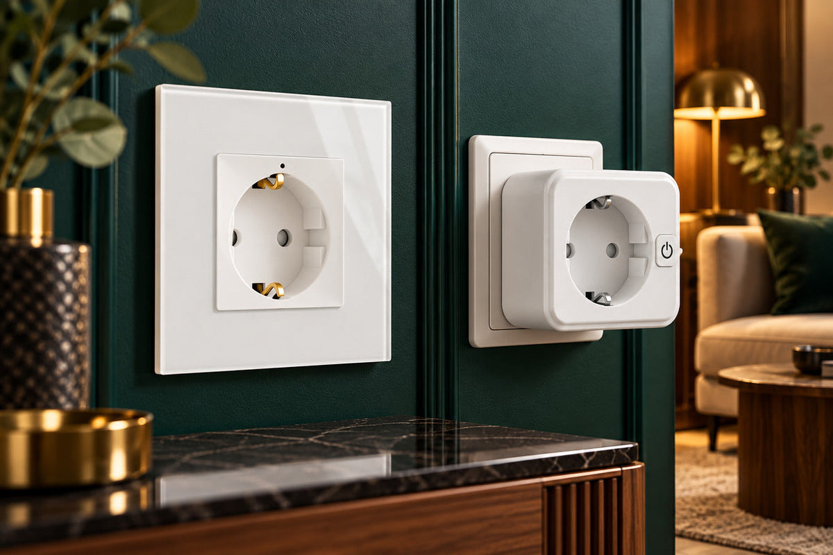 Priză inteligentă încastrată și adaptor smart pentru priză într-un living modern