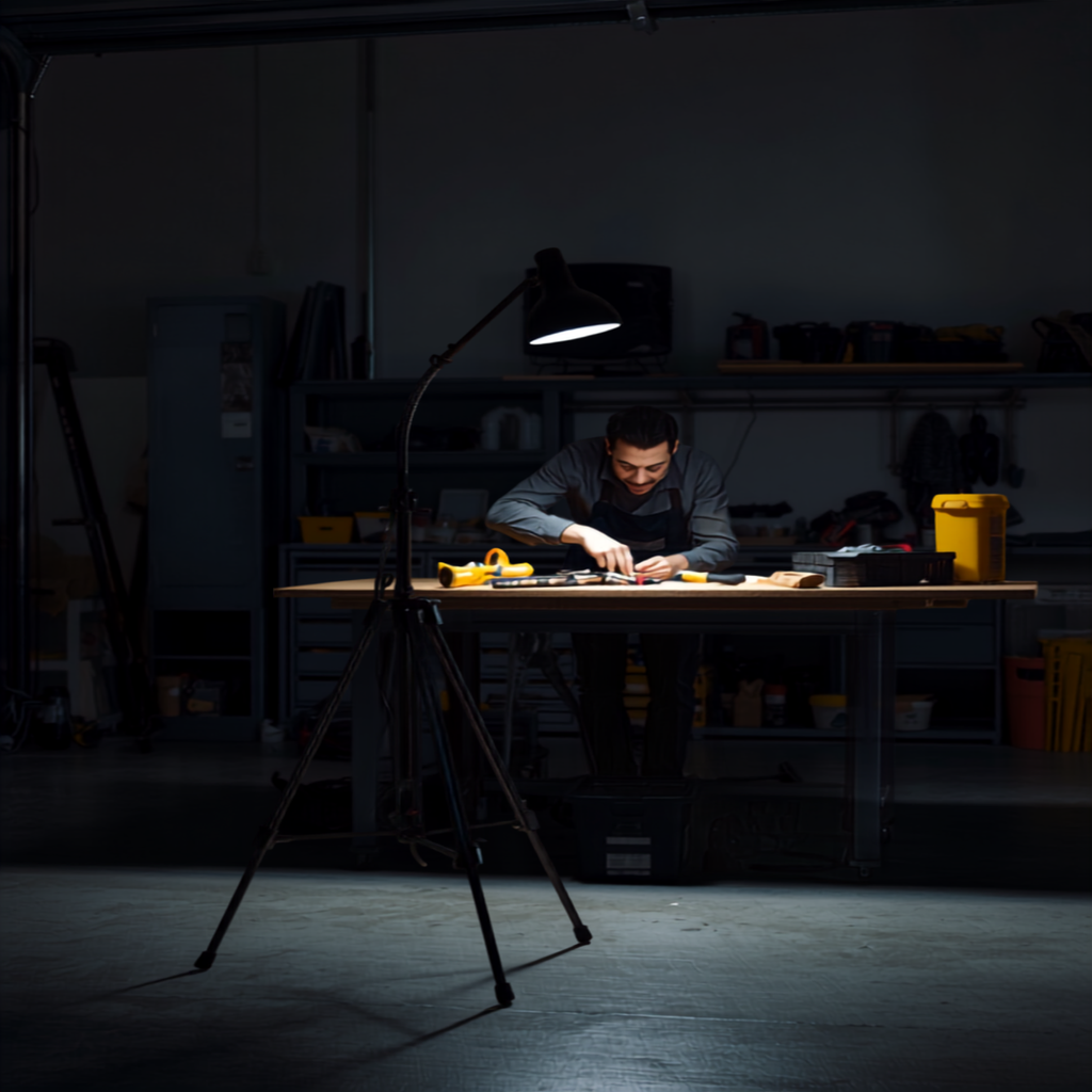 Lampa Werckmann in garaj atelier - lumina de lucru seara