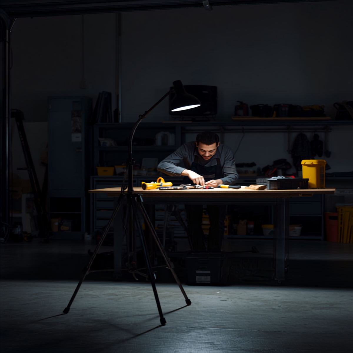 Lampa Werckmann in garaj atelier - lumina de lucru seara