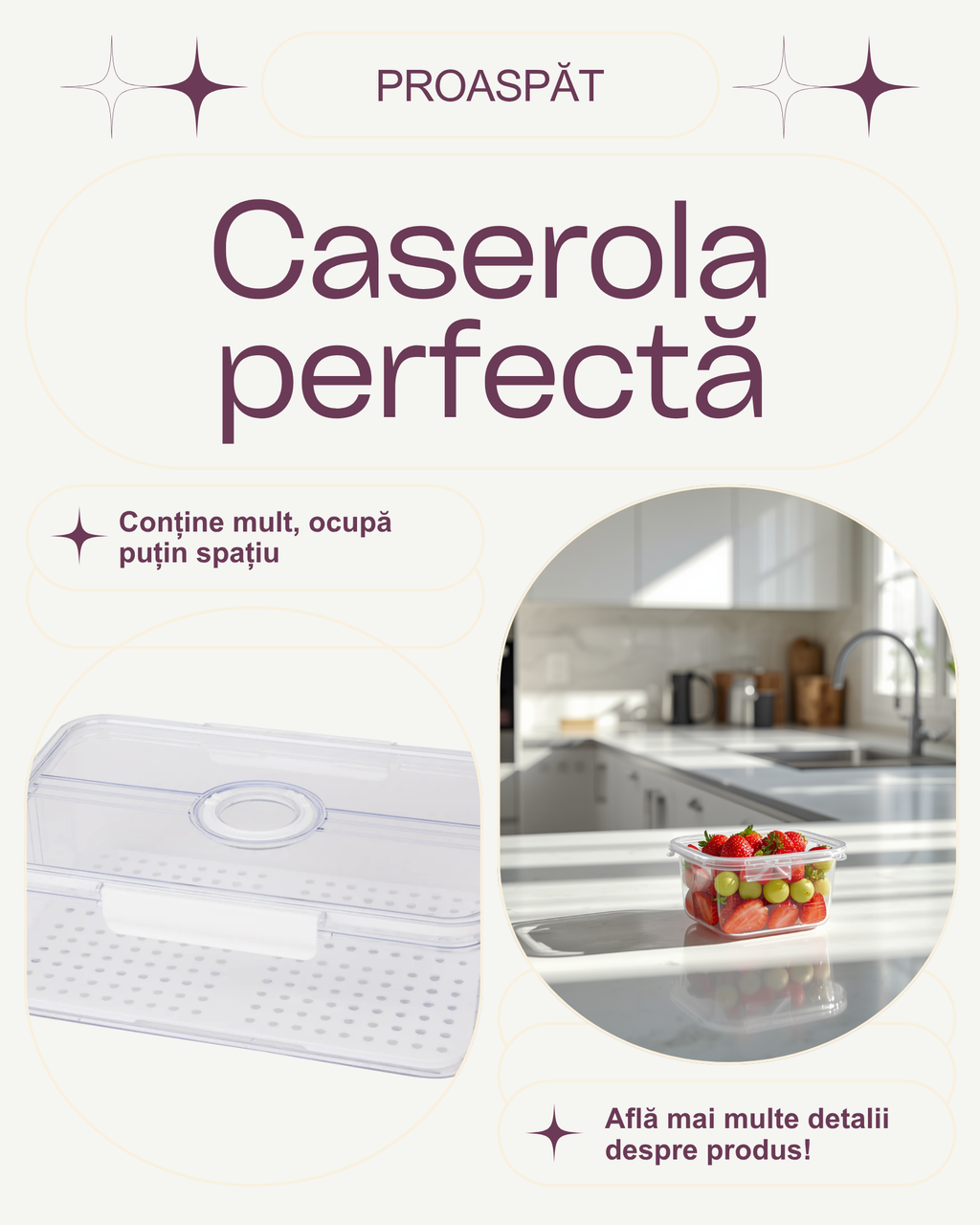 Caserola frigider 4.4L plina cu fructe pe blat de bucatarie