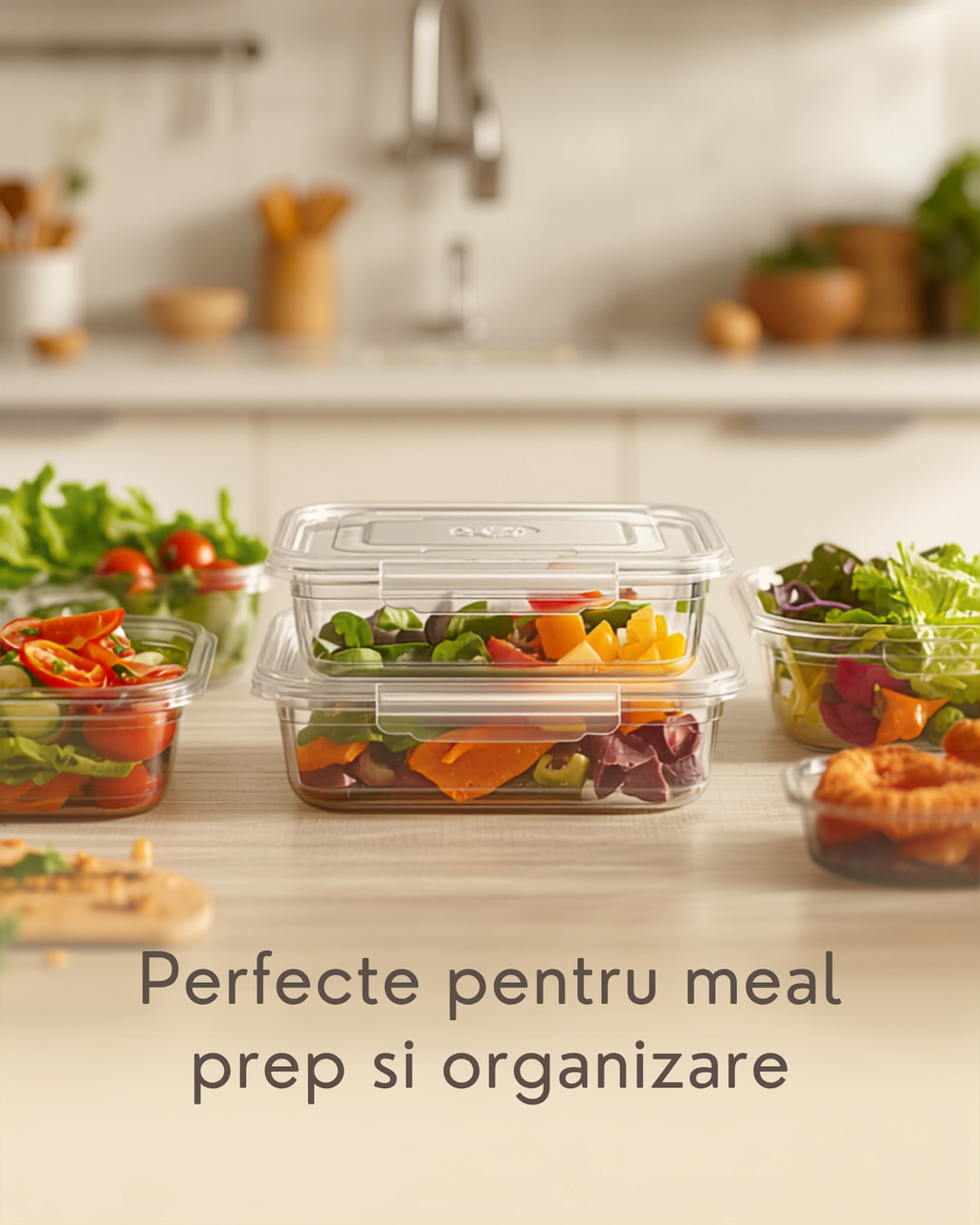 Set caserole pentru meal prep pe blat de bucatarie