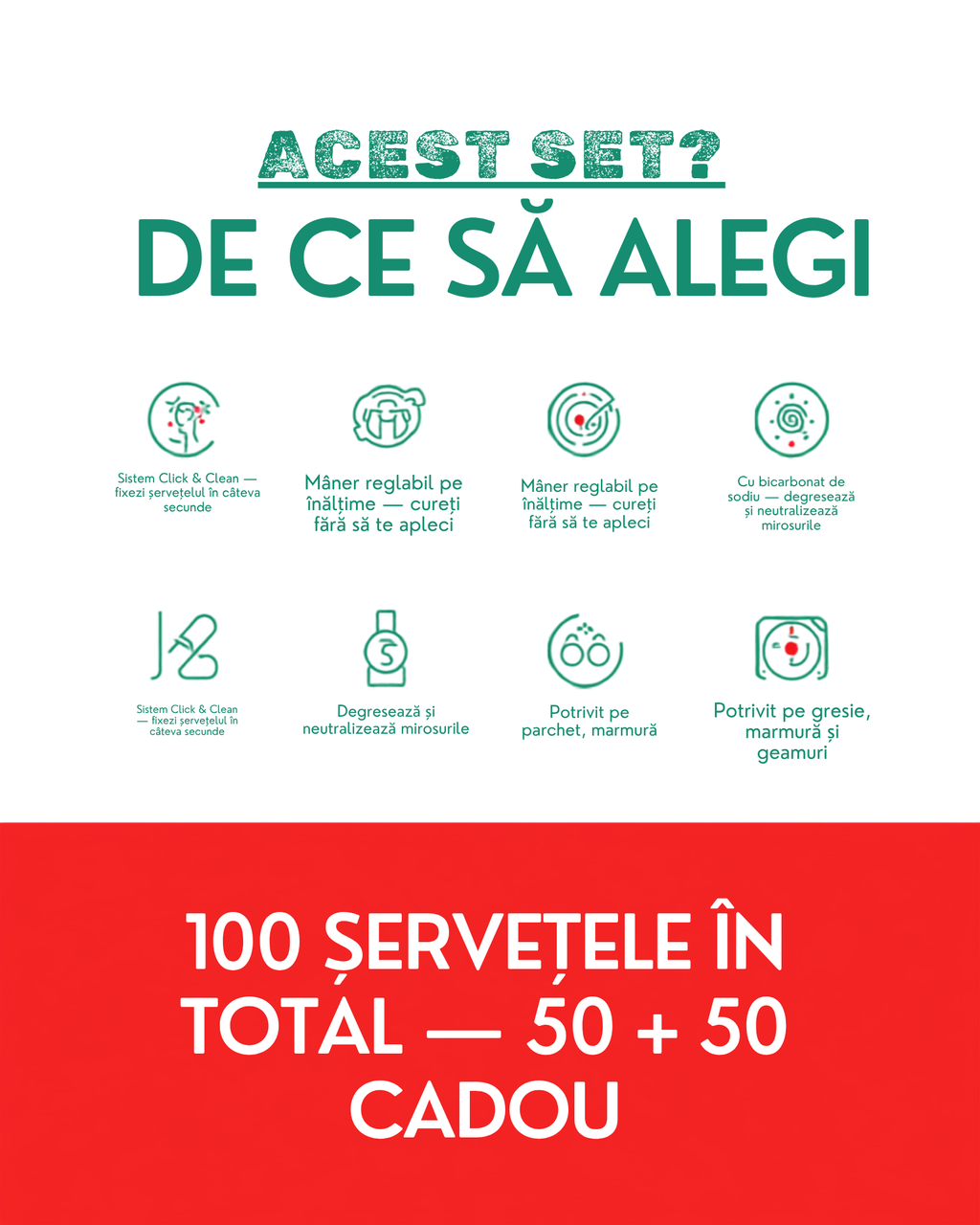 Set mop ClarSanit 100 servetele umede in total, 50 plus 50 cadou