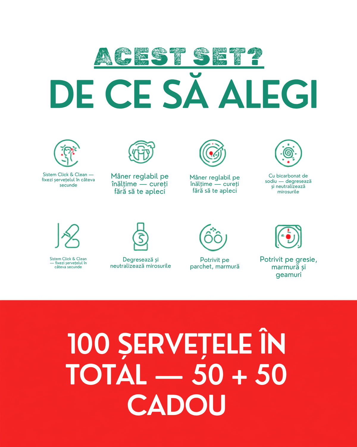 Set mop ClarSanit 100 servetele umede in total, 50 plus 50 cadou