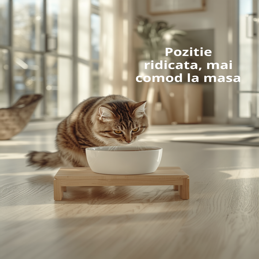 Pisica maninca din bolul ceramic pe suport ridicat