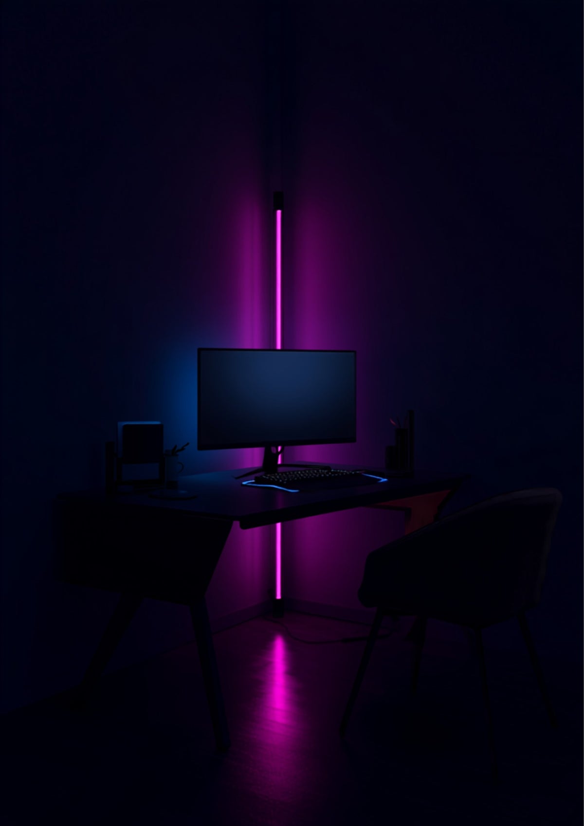 Lampă de podea RGB în colț de gaming, lumină cyan magenta