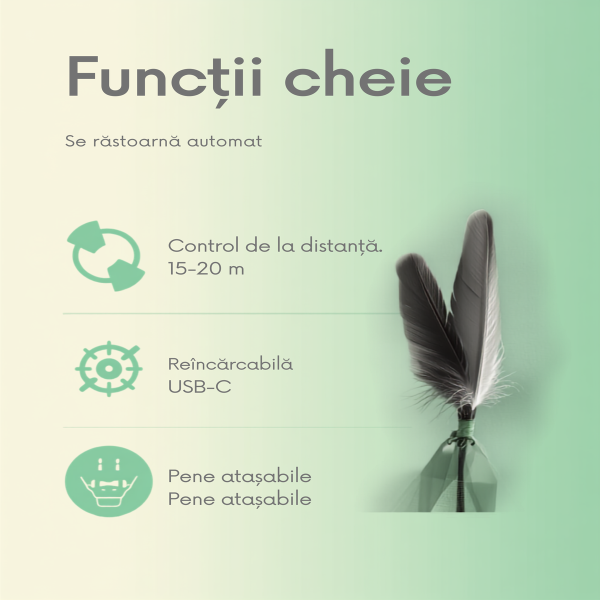 Funcții cheie: telecomandă, răsturnare, USB-C, pene