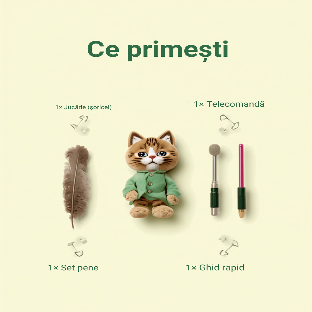 Conținut pachet: jucărie, telecomandă, cablu USB-C, pene, ghid