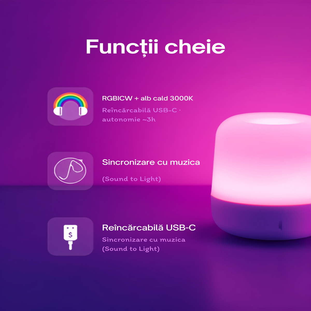 Funcții cheie: RGBICW, Music Sync, USB-C