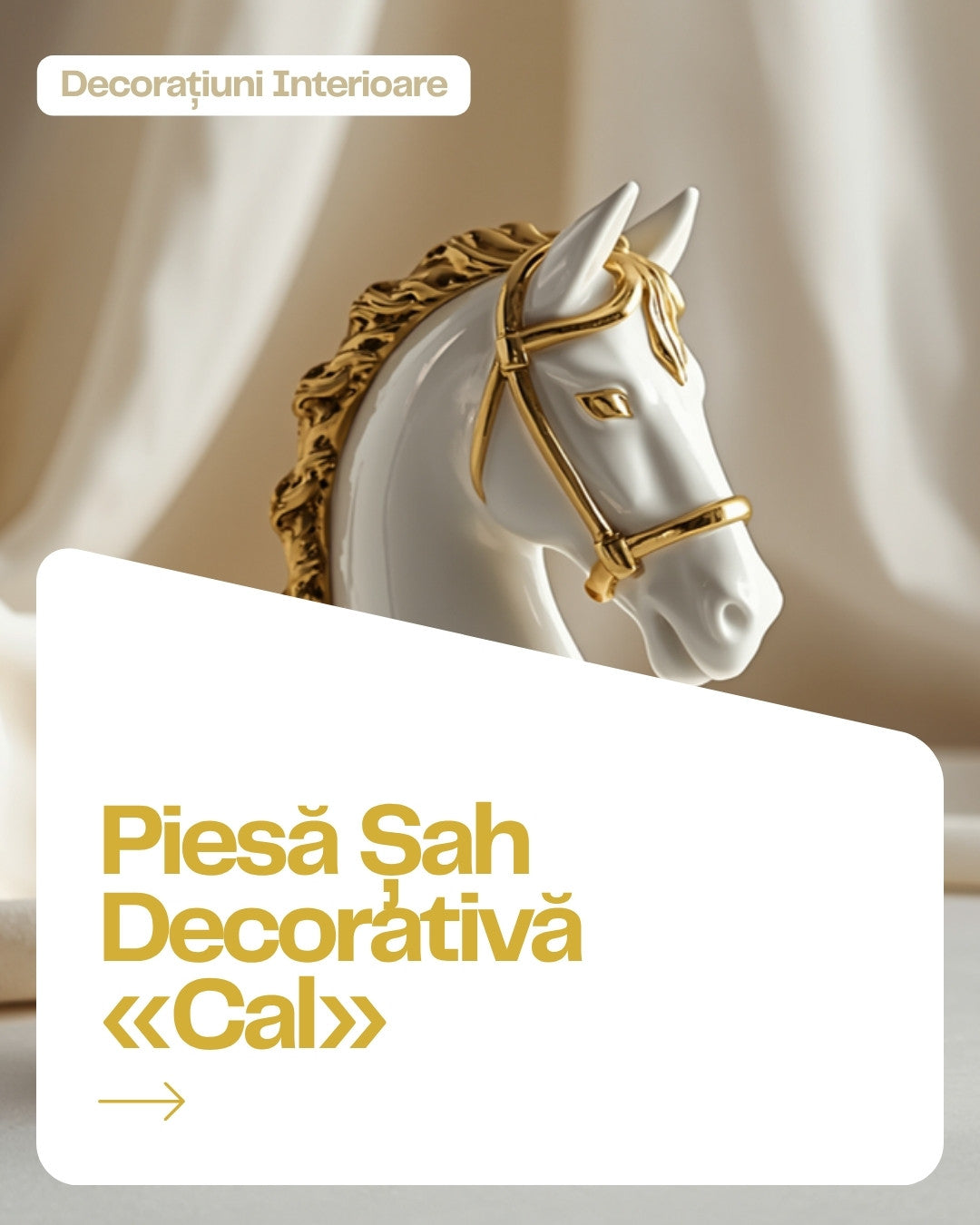 Piesă șah decorativă cal alb cu detalii aurii - promo