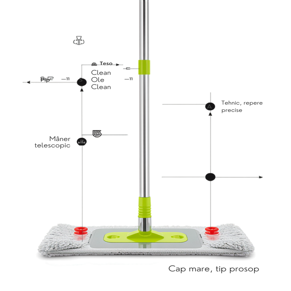 Detalii mop ClarSanit: sistem Click and Clean cu clipsuri si maner telescopic reglabil
