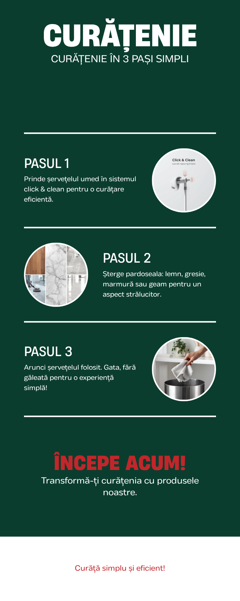 Infografic curatenie in 3 pasi cu setul de mop ClarSanit