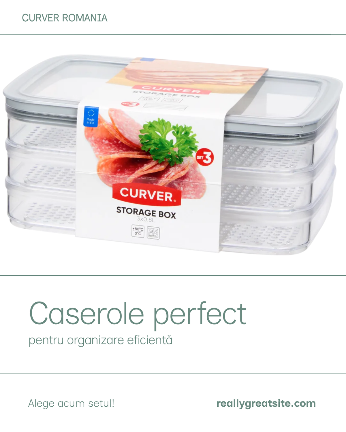 Set caserole Curver - 3 caserole 0.8L cu capac ermetic