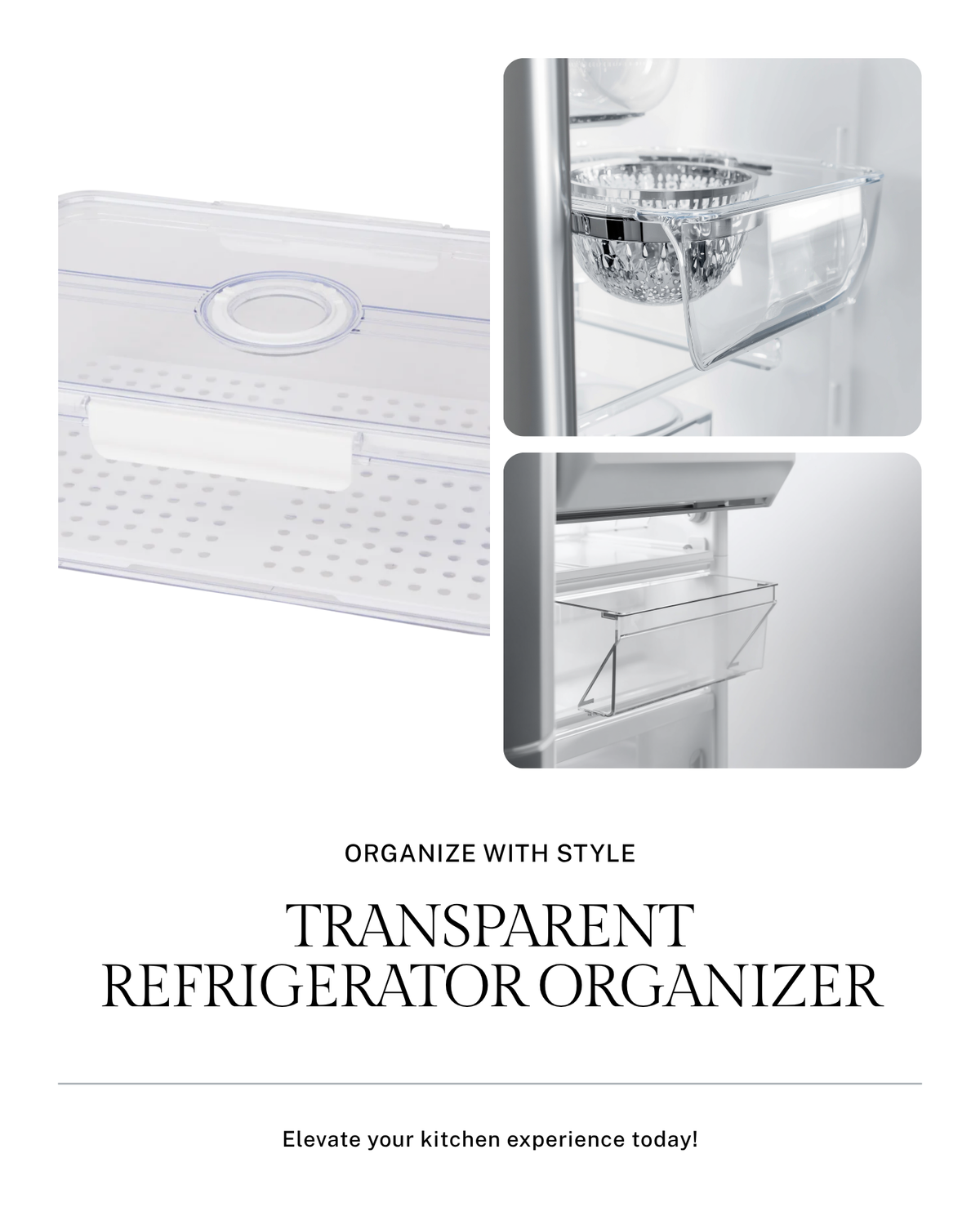 Caserolă organizator frigider transparentă pe fundal alb