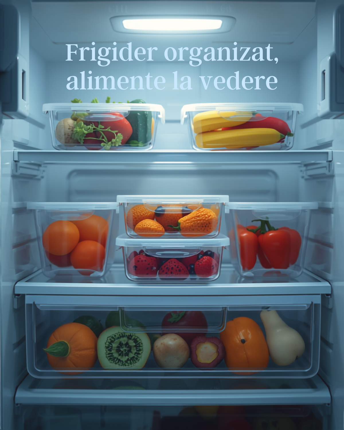 Set caserole in frigider organizat cu alimente la vedere