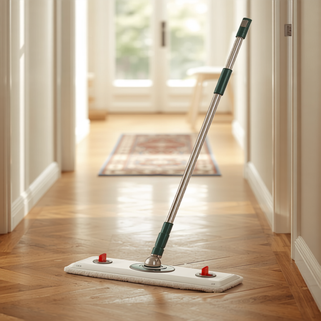 Mop ClarSanit sprijinit intr-un hol modern cu parchet de lemn
