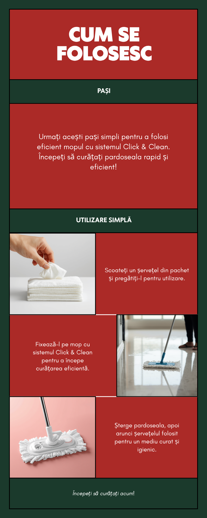 Infografic cum se folosesc servetelele umede pentru mop in 3 pasi