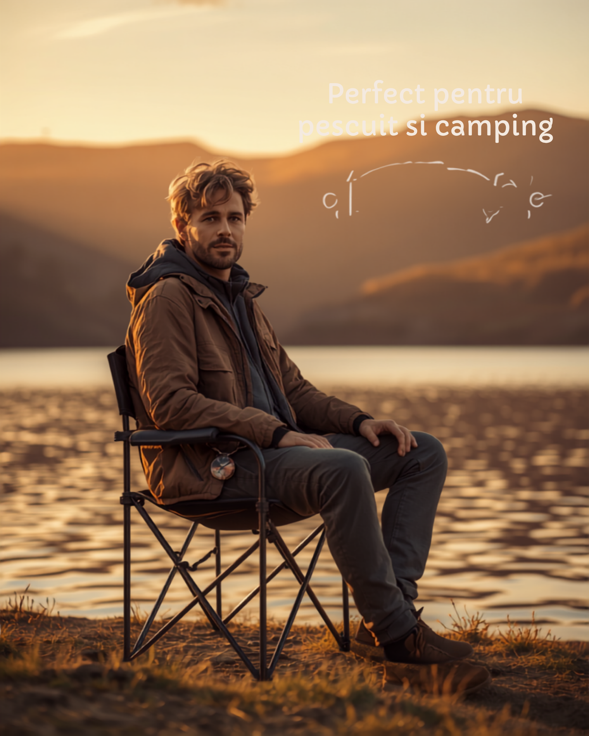 Barbat pescuieste stand pe taburetul de camping