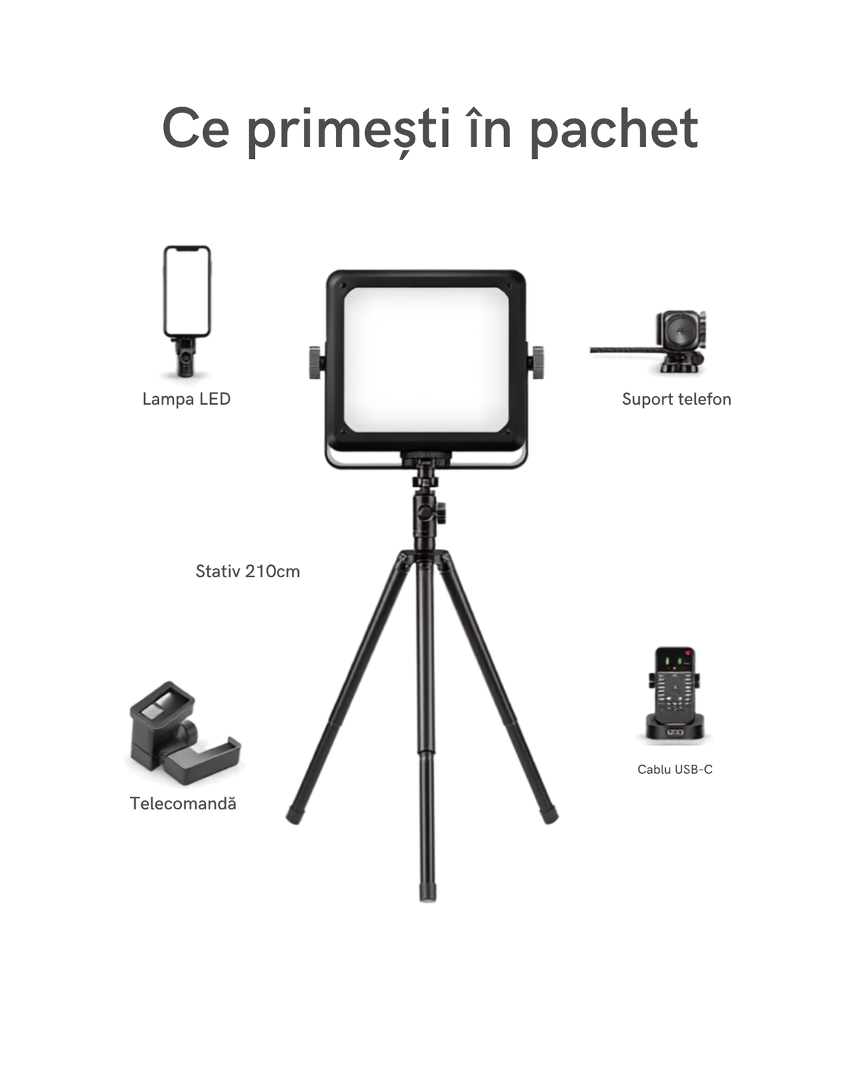 Continut pachet lampa LED Grundig - lampa, stativ, telecomanda, cablu