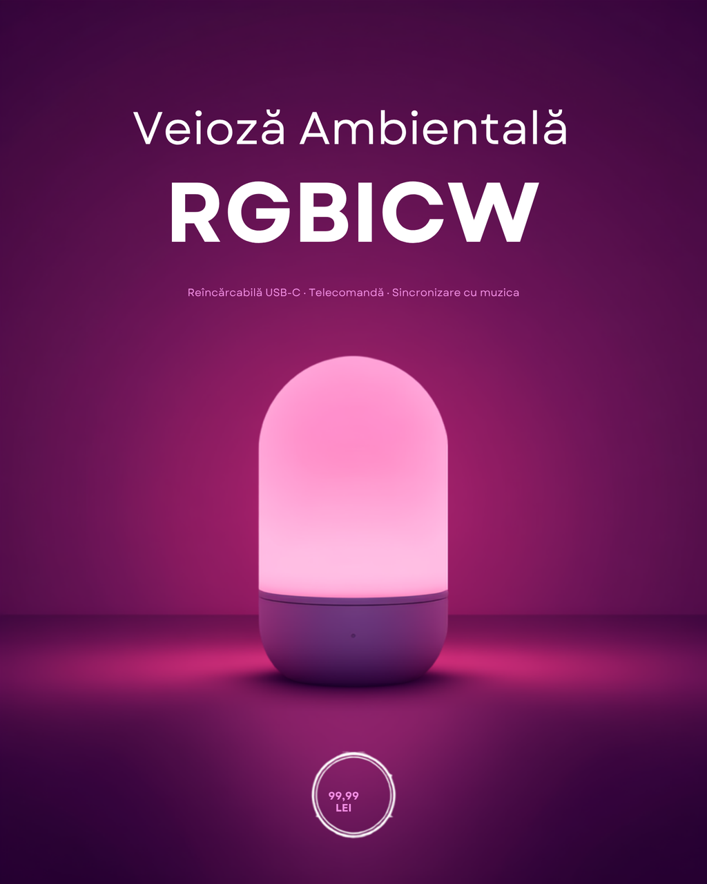 Veioză ambientală RGBICW reîncărcabilă — 99,99 lei