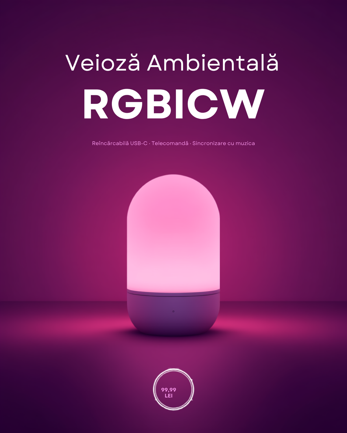Veioză ambientală RGBICW reîncărcabilă — 99,99 lei