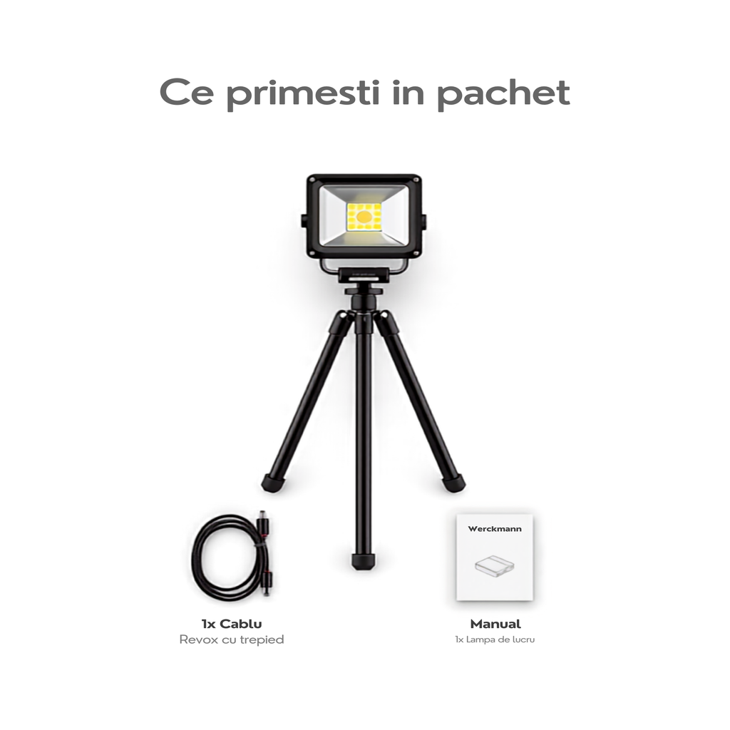 Continut pachet lampa Werckmann - lampa, cablu incarcare, manual