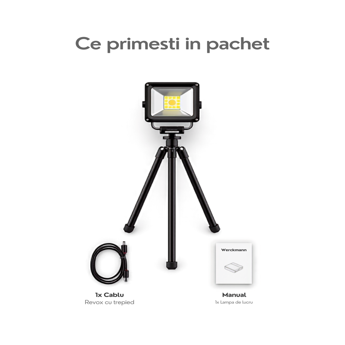 Continut pachet lampa Werckmann - lampa, cablu incarcare, manual