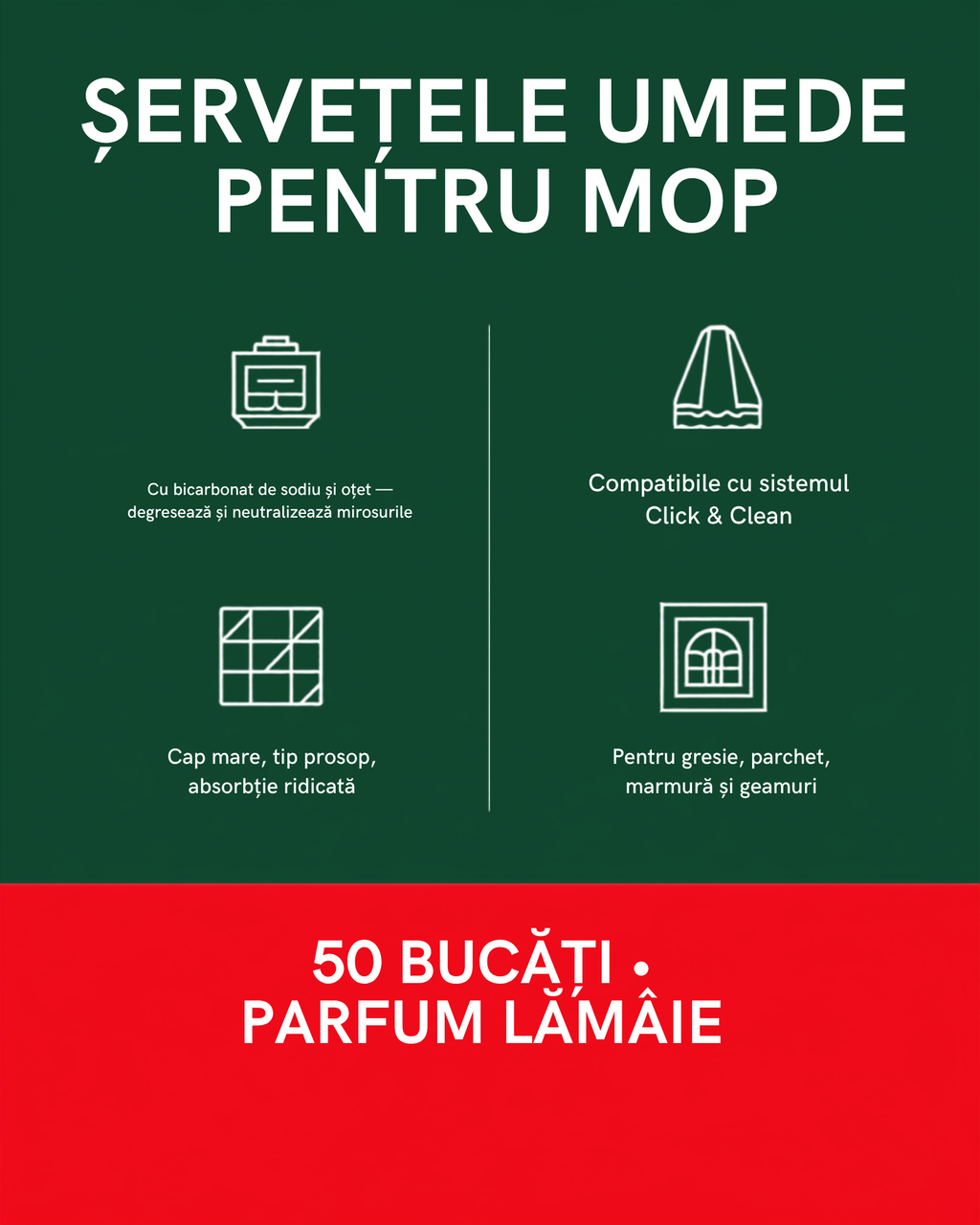 Servetele umede pentru mop 50 bucati, parfum lamaie