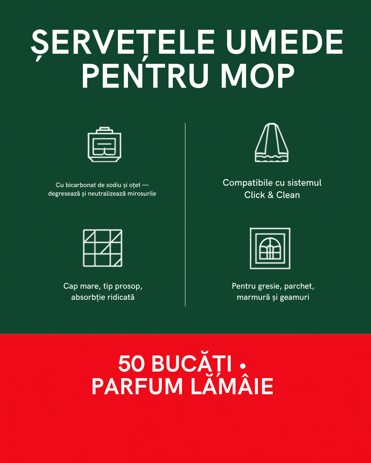 Servetele umede pentru mop 50 bucati, parfum lamaie