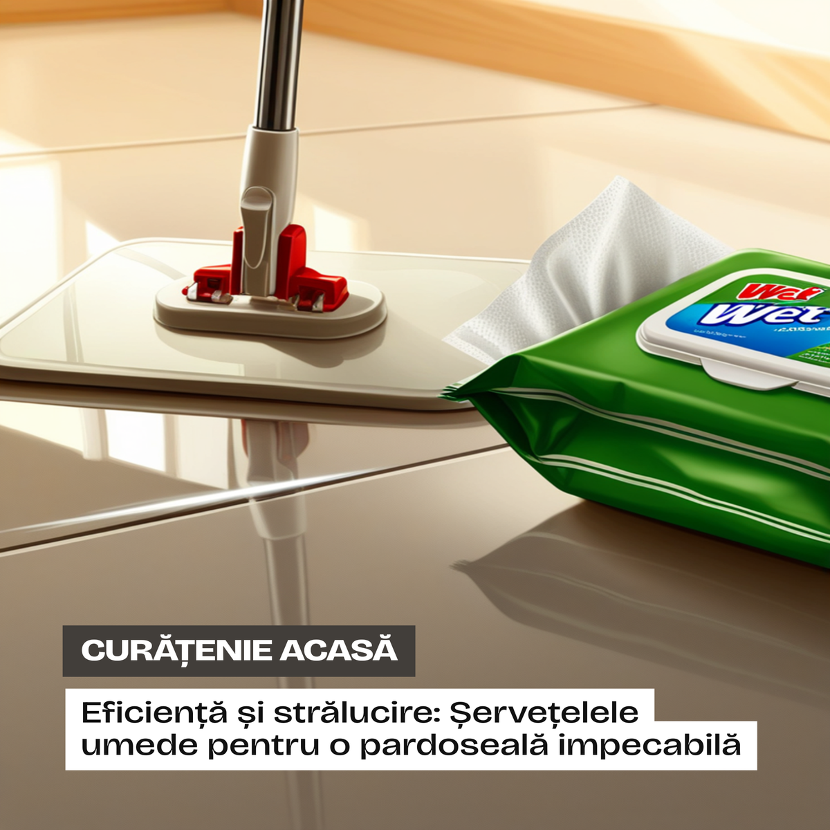 Servetel umed ClarSanit fixat pe mop, curata gresia lucioasa