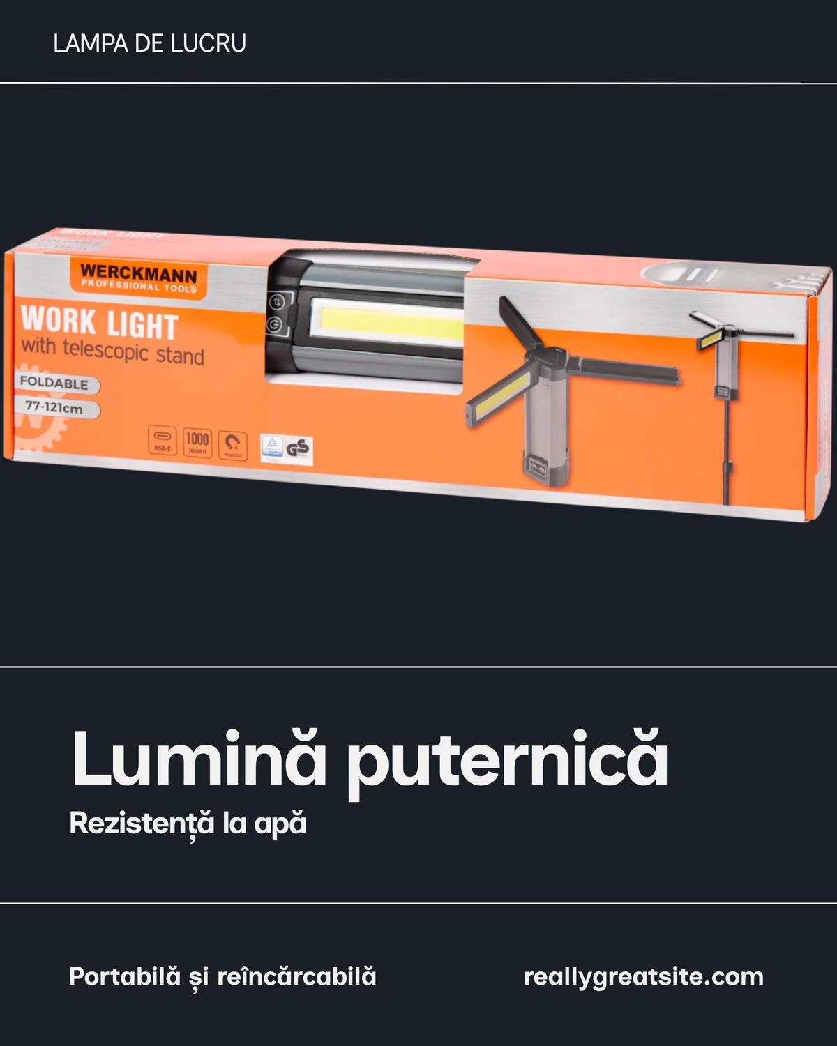 Lampa Werckmann exterior santier rezistenta la stropi IP54 portabila