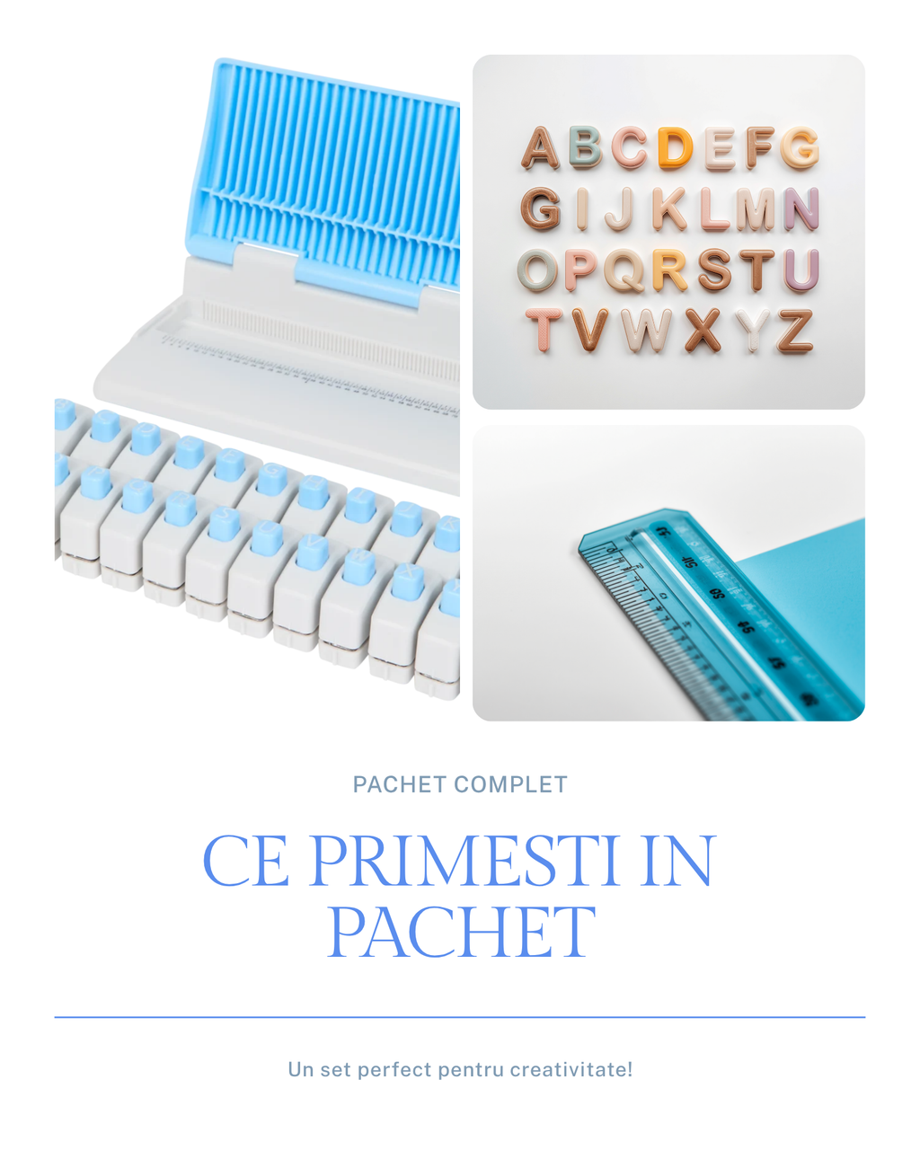 Continut pachet placa stantat litere - 26 litere plus rigla aliniere