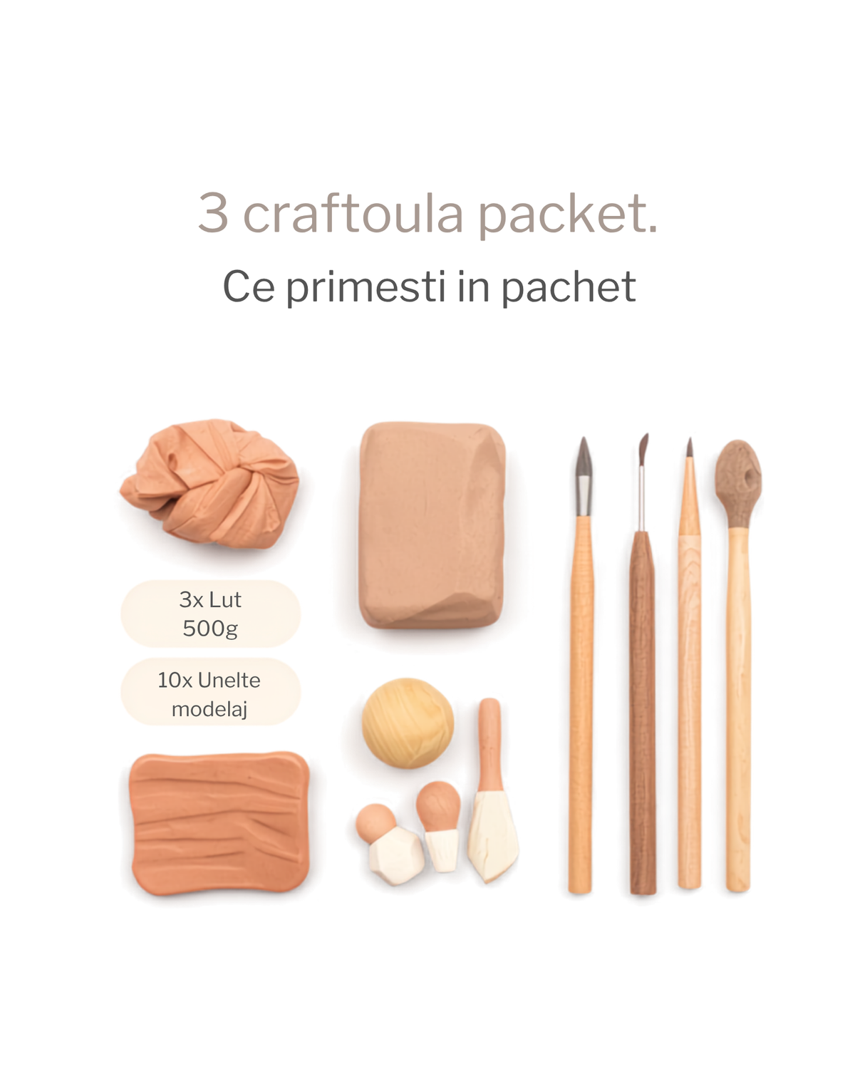 Continut pachet set modelaj - 3x lut 500g plus 10 unelte