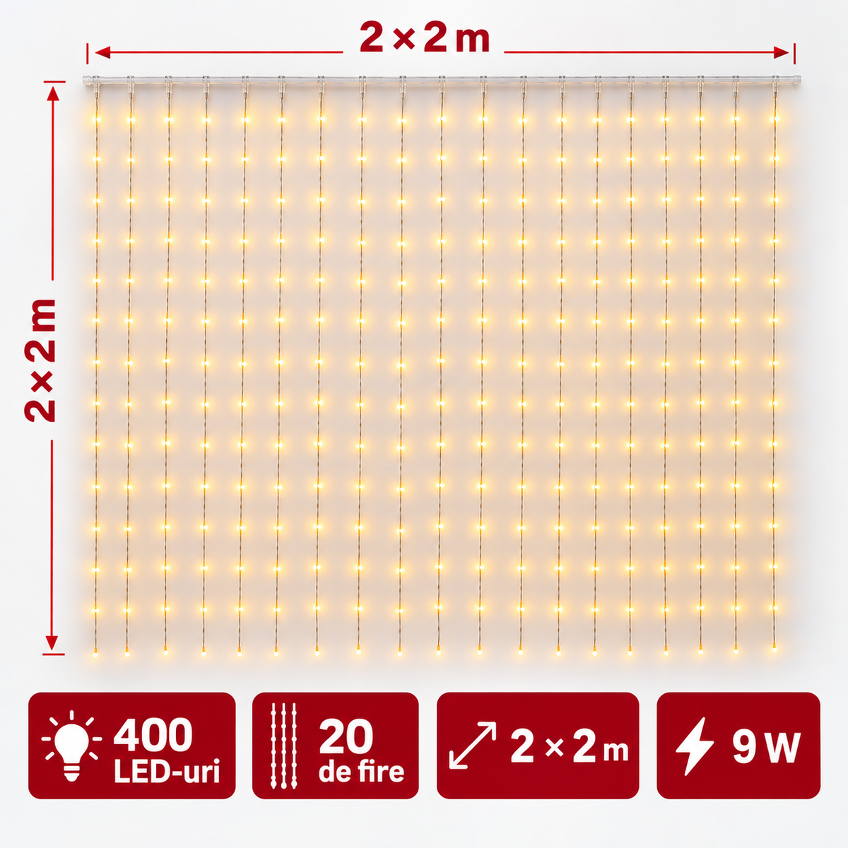 Specificații instalație S-Eye, 400 LED-uri, 2 × 2 m, 9 W