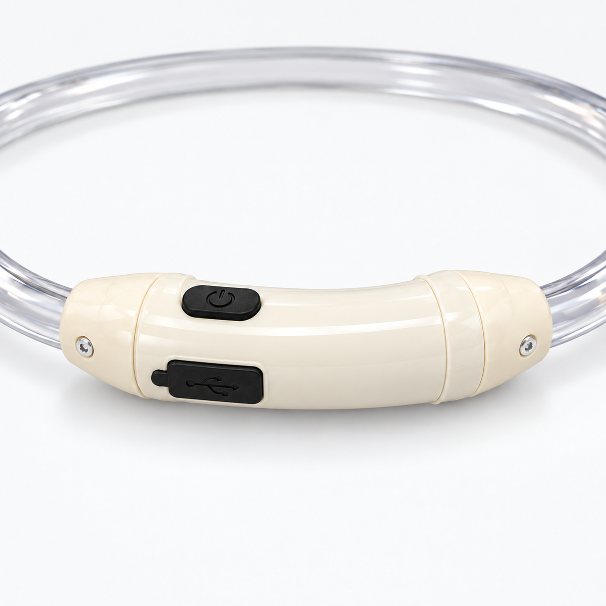 Detaliu controller alb, buton și port USB al zgărzii LED