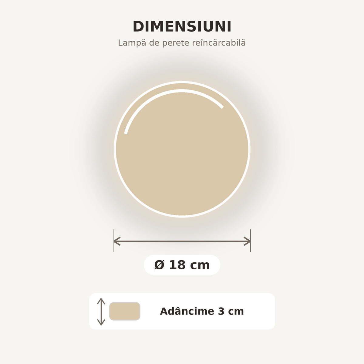 Lampă de perete reîncărcabilă Ø 18 cm, finisaj Crem, dimensiuni Ø 18 cm și adâncime 3 cm