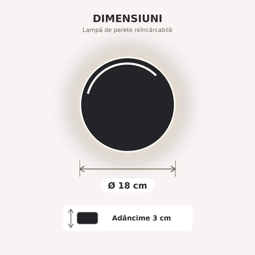 Lampă de perete reîncărcabilă Ø 18 cm, finisaj Negru, dimensiuni Ø 18 cm și adâncime 3 cm