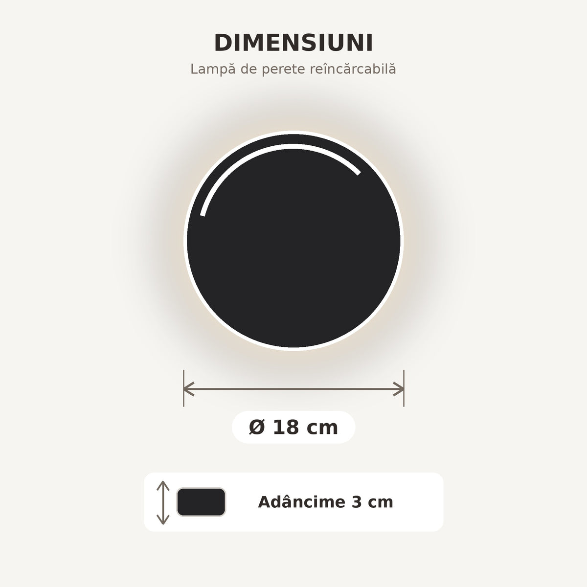 Lampă de perete reîncărcabilă Ø 18 cm, finisaj Negru, dimensiuni Ø 18 cm și adâncime 3 cm