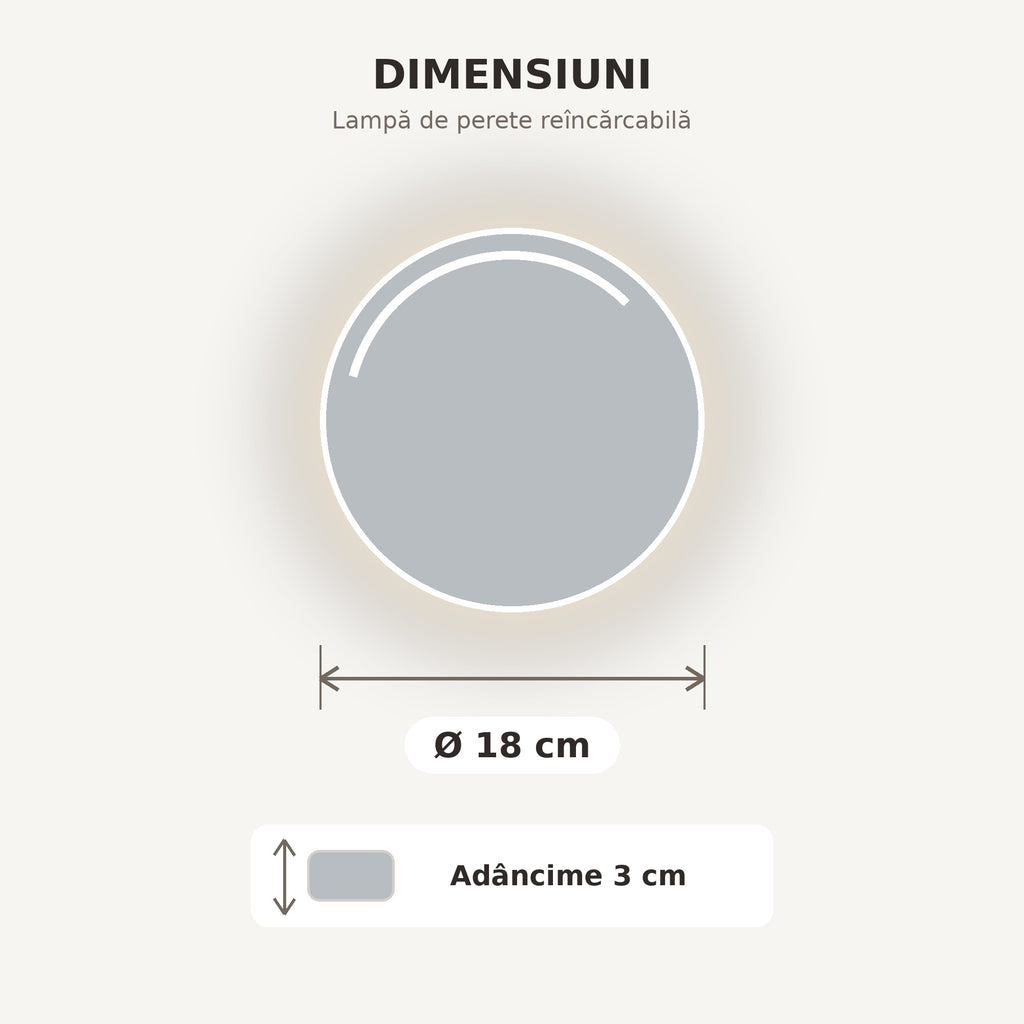 Lampă de perete reîncărcabilă Ø 18 cm, finisaj Oglindă, dimensiuni Ø 18 cm și adâncime 3 cm