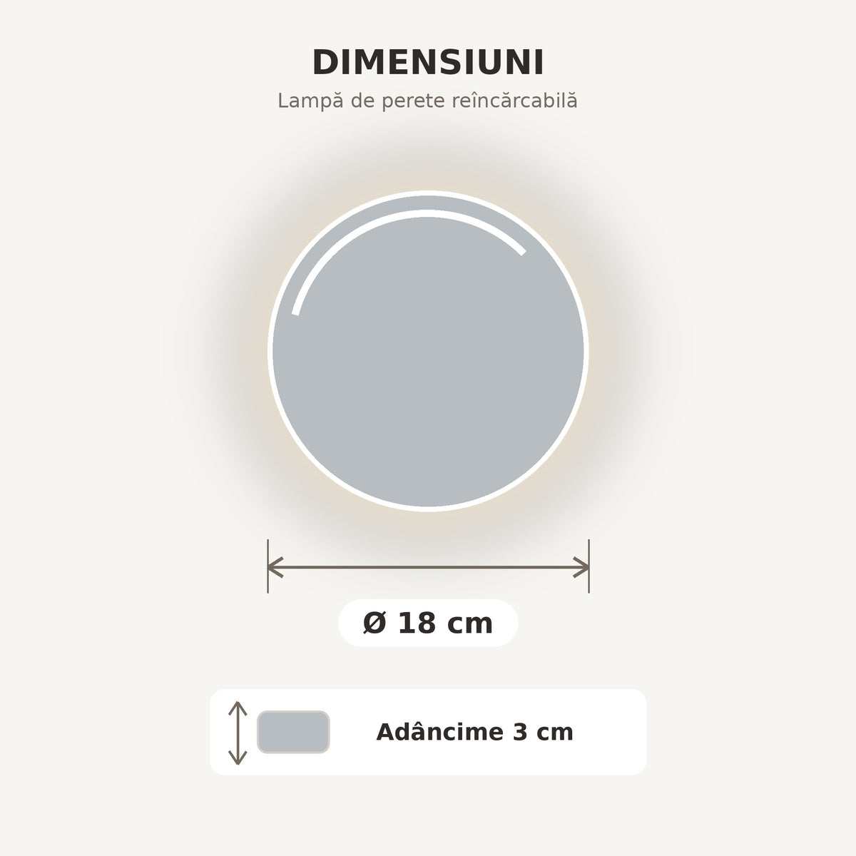 Lampă de perete reîncărcabilă Ø 18 cm, finisaj Oglindă, dimensiuni Ø 18 cm și adâncime 3 cm