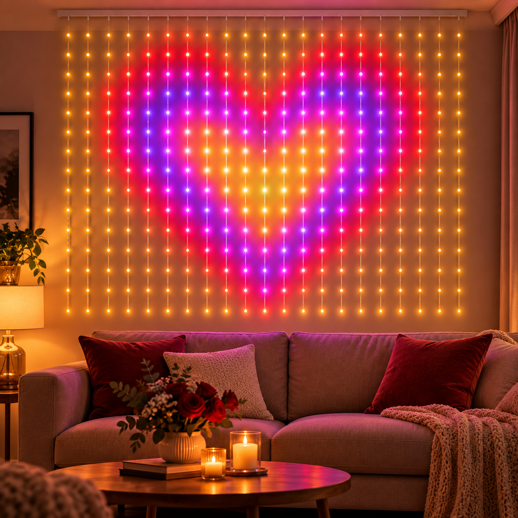 Model decorativ în formă de inimă realizat din perdeaua LED