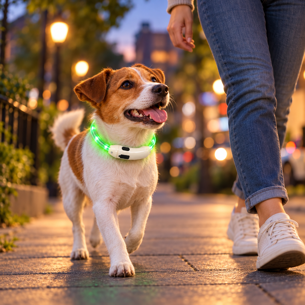 Câine cu zgardă LED verde în timpul unei plimbări de seară