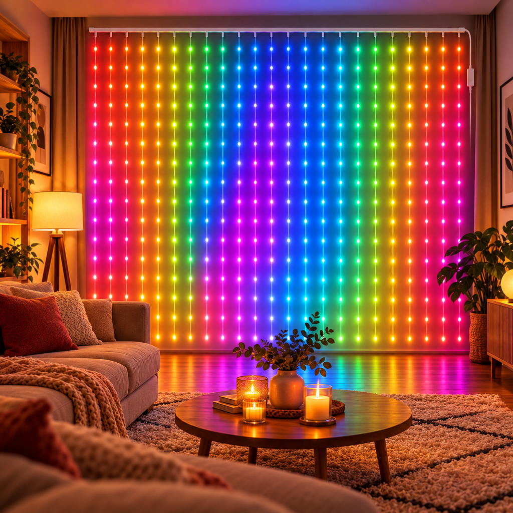 Perdea LED S-Eye folosită ca decor în living