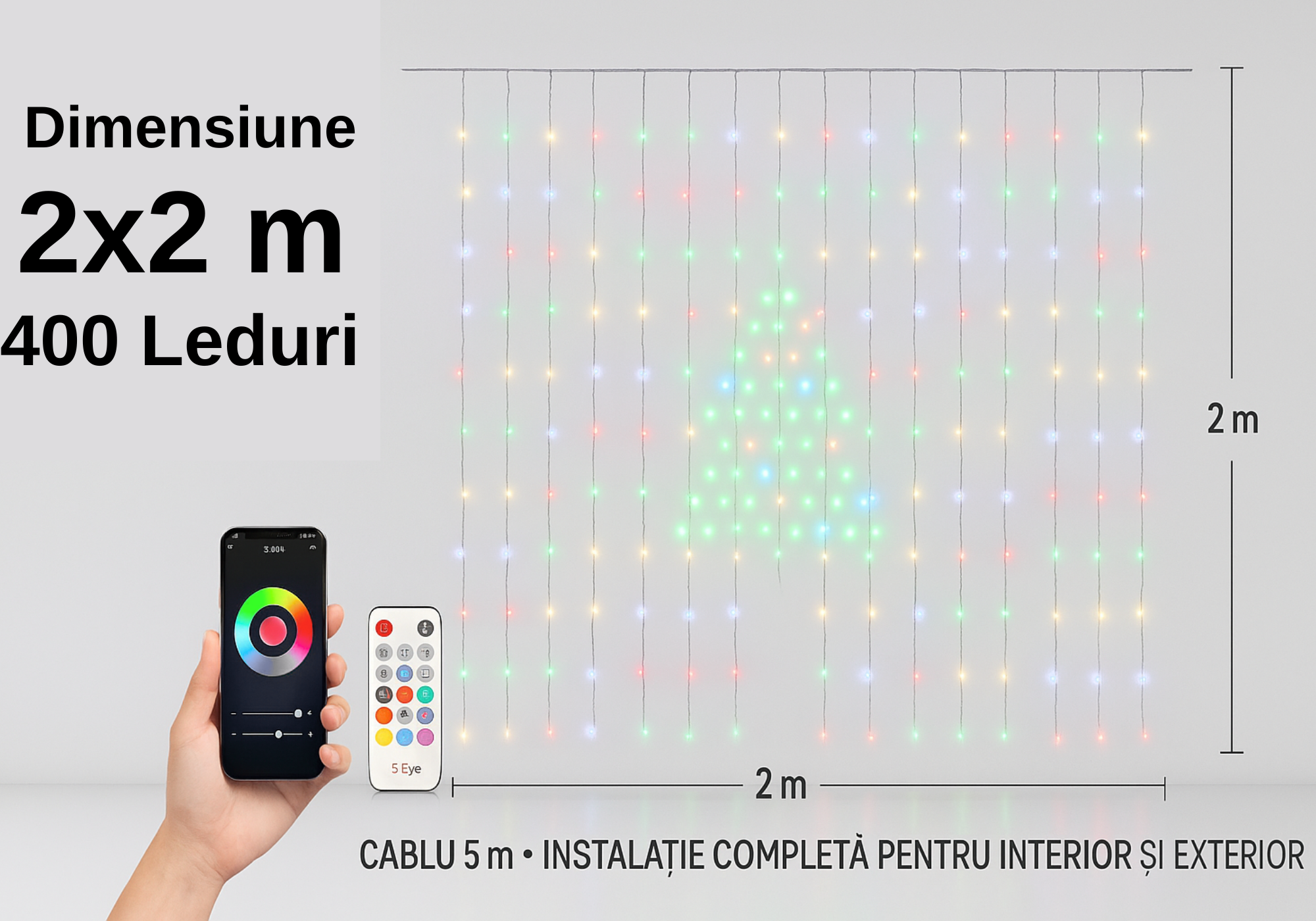 Instalatie Inteligenta S-Eye 400 LED-uri, control Wi-Fi, telecomanda, 2x2 m