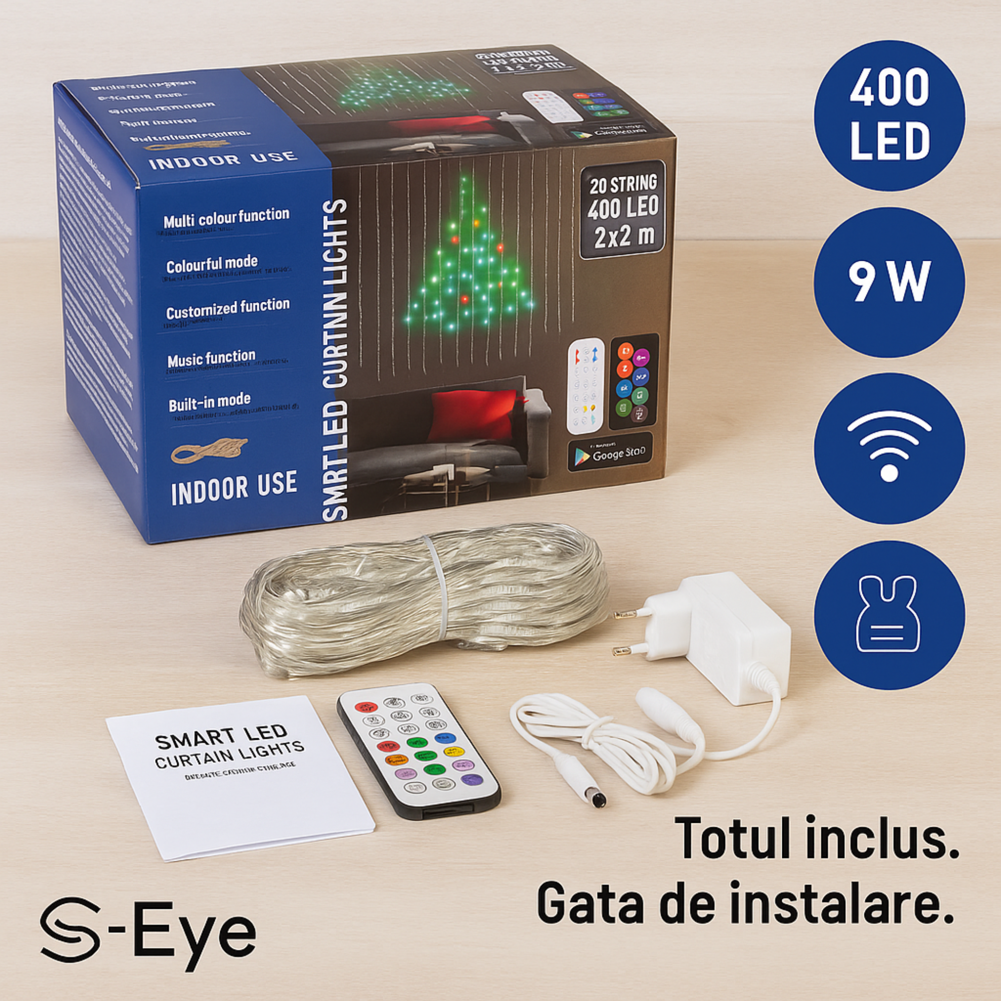 Instalatie Inteligenta S-Eye 400 LED-uri, control Wi-Fi, telecomanda, 2x2 m