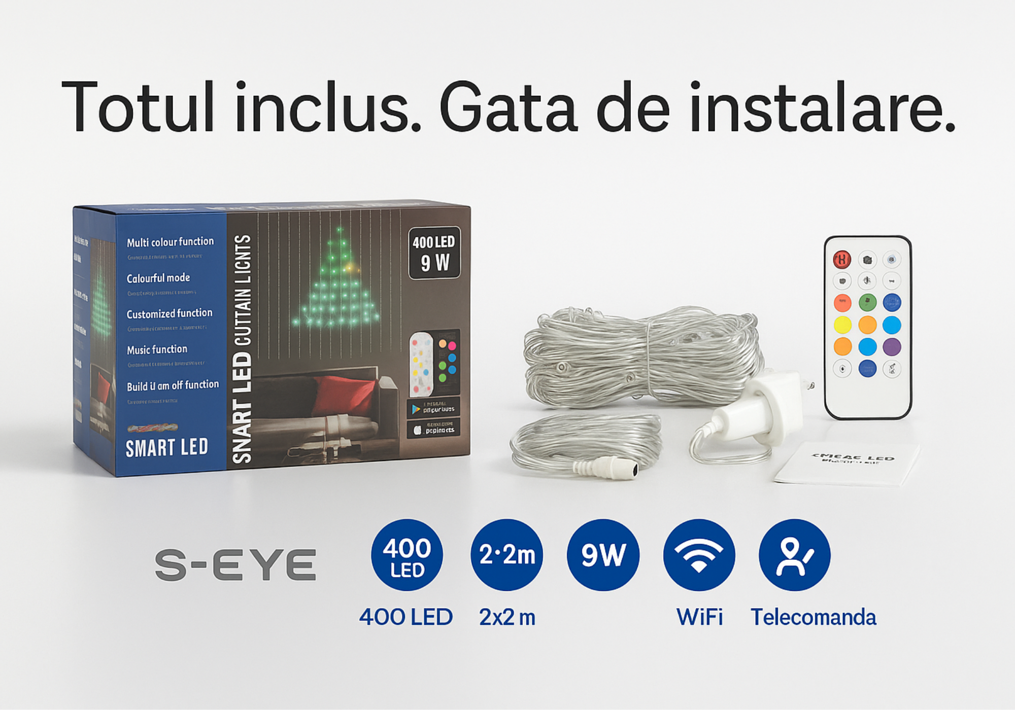 Instalatie Inteligenta S-Eye 400 LED-uri, control Wi-Fi, telecomanda, 2x2 m